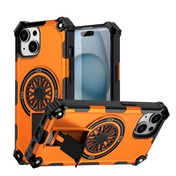 

For iPhone 15 Shockproof Kickstand Metallic Shaft MagSafe Phone Case(Orange)