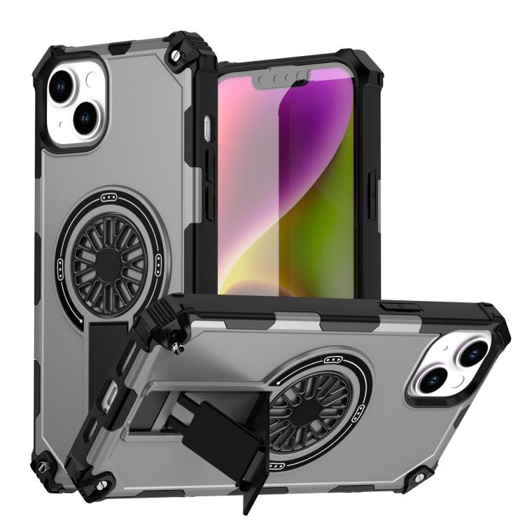 

For iPhone 14 Plus Shockproof Kickstand Metallic Shaft MagSafe Phone Case(Silver)