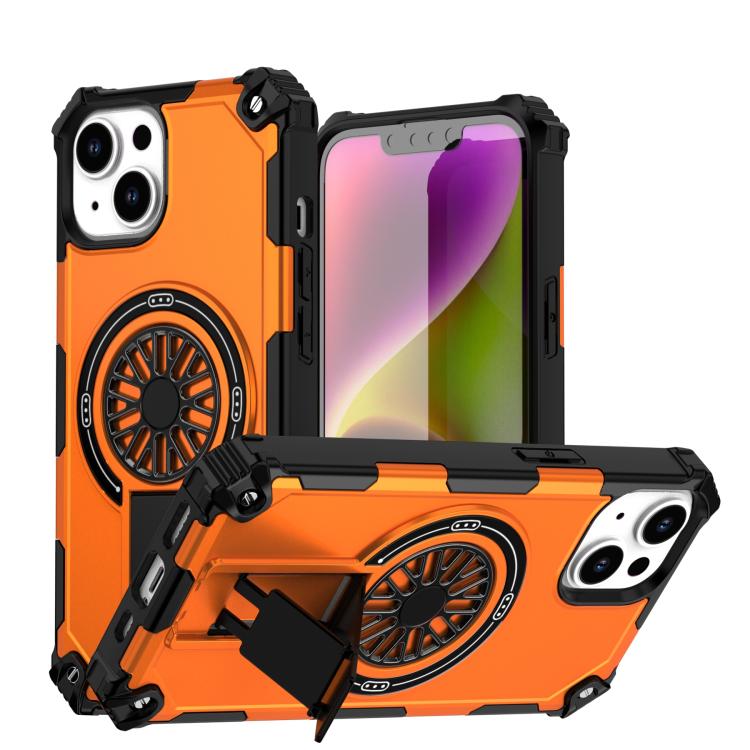 

For iPhone 14 Shockproof Kickstand Metallic Shaft MagSafe Phone Case(Orange)