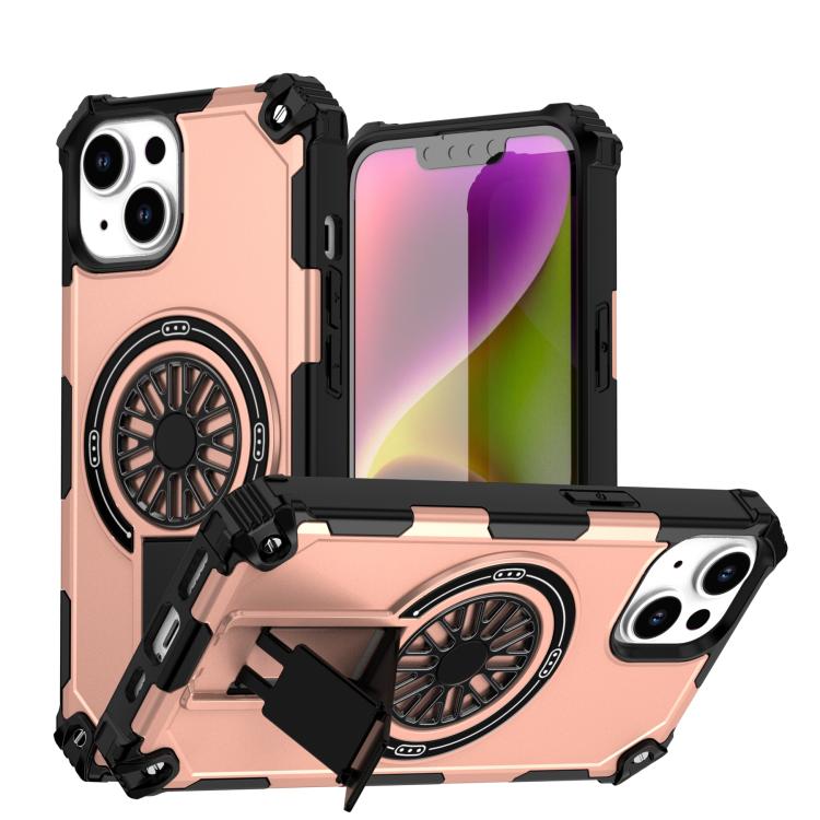 

For iPhone 14 Shockproof Kickstand Metallic Shaft MagSafe Phone Case(Rose Gold)