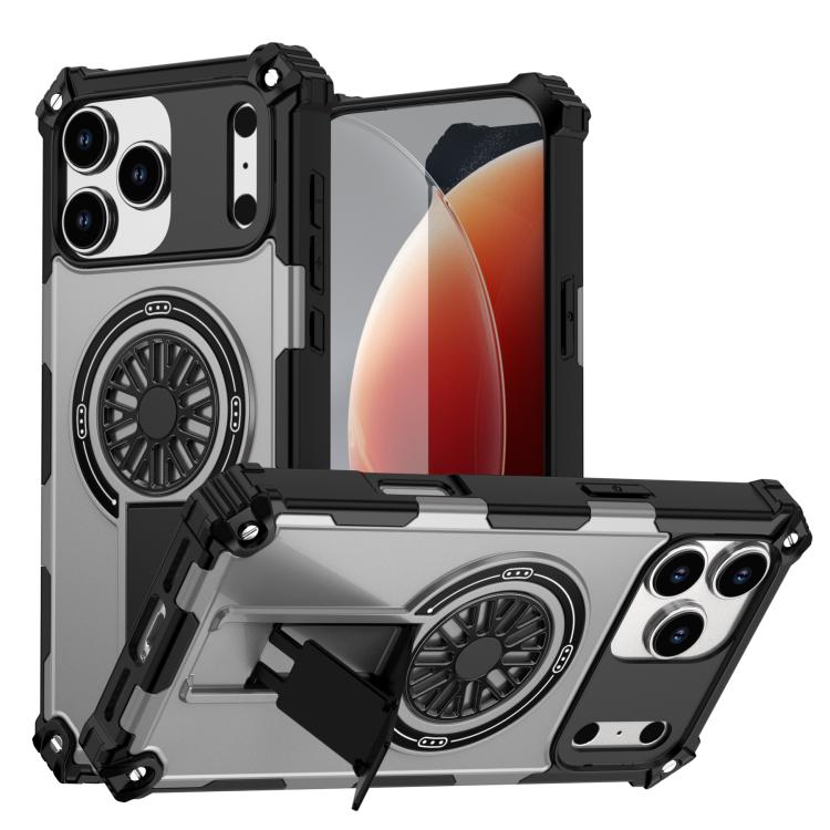 

For iPhone 17 Pro Shockproof Kickstand Metallic Shaft MagSafe Phone Case(Silver)
