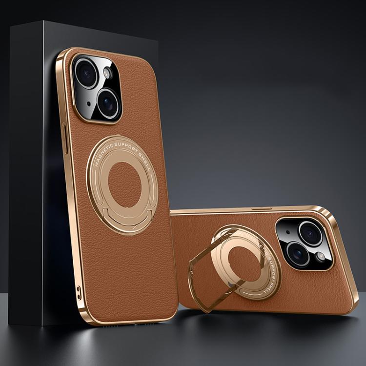 

For iPhone 13 Plain Leather Hybrid Metal Holder MagSafe Phone Case(Brown)