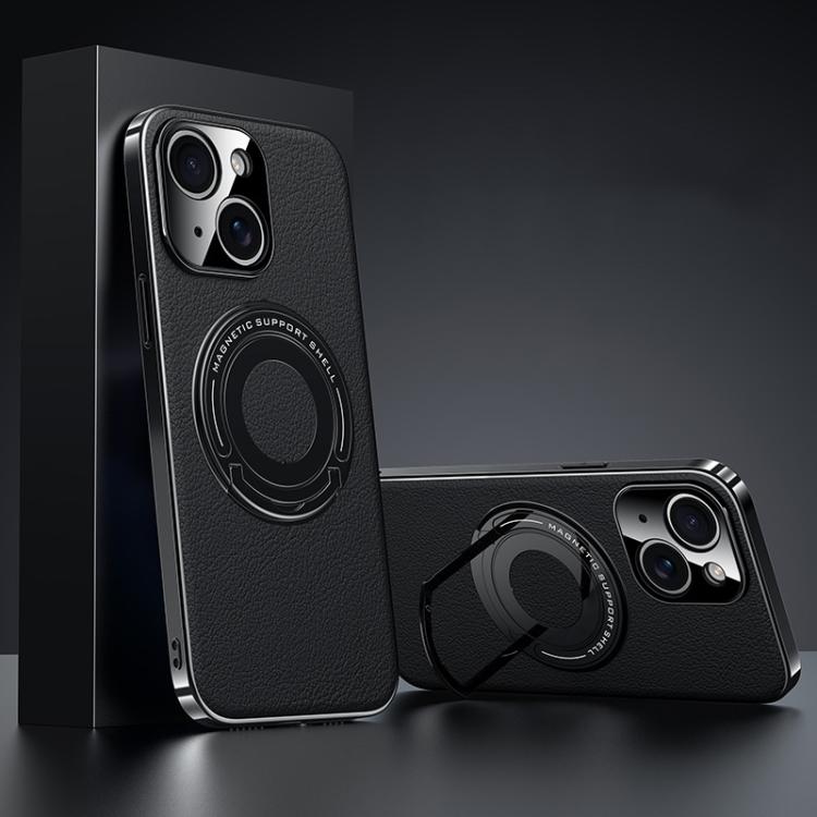 

For iPhone 14 Plain Leather Hydric Metal Holder MagSafe Phone Case(Black)