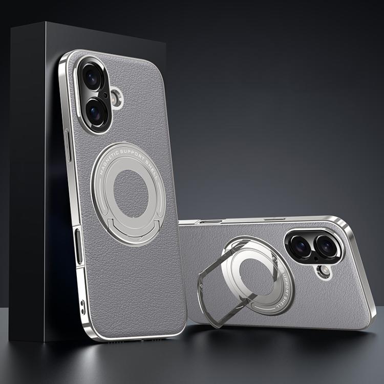 

For iPhone 16 Plain Leather Hydric Metal Holder MagSafe Phone Case(Grey)