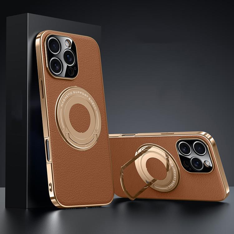 

For iPhone 16 Pro Plain Leather Hybrid Metal Holder MagSafe Phone Case(Brown)