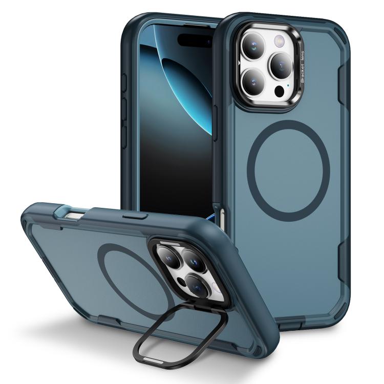 

For iPhone 16 Pro Max Defend 3 in 1 Rugged MagSafe Magnetic Holder Phone Case(Royal Blue + Blue)