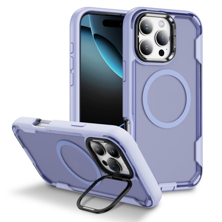 

For iPhone 16 Pro Defend 3 in 1 Rugged MagSafe Magnetic Holder Phone Case(Light Purple + Transparent Purple)