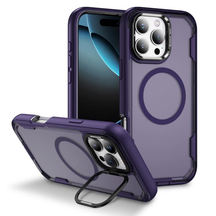 

For iPhone 16 Pro Defend 3 in 1 Rugged MagSafe Magnetic Holder Phone Case(Purple + Dark Purple)