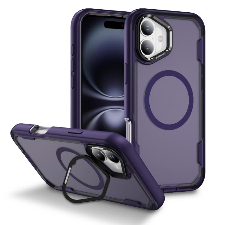 

For iPhone 16 Plus Defend 3 in 1 Rugged MagSafe Magnetic Holder Phone Case(Purple + Dark Purple)