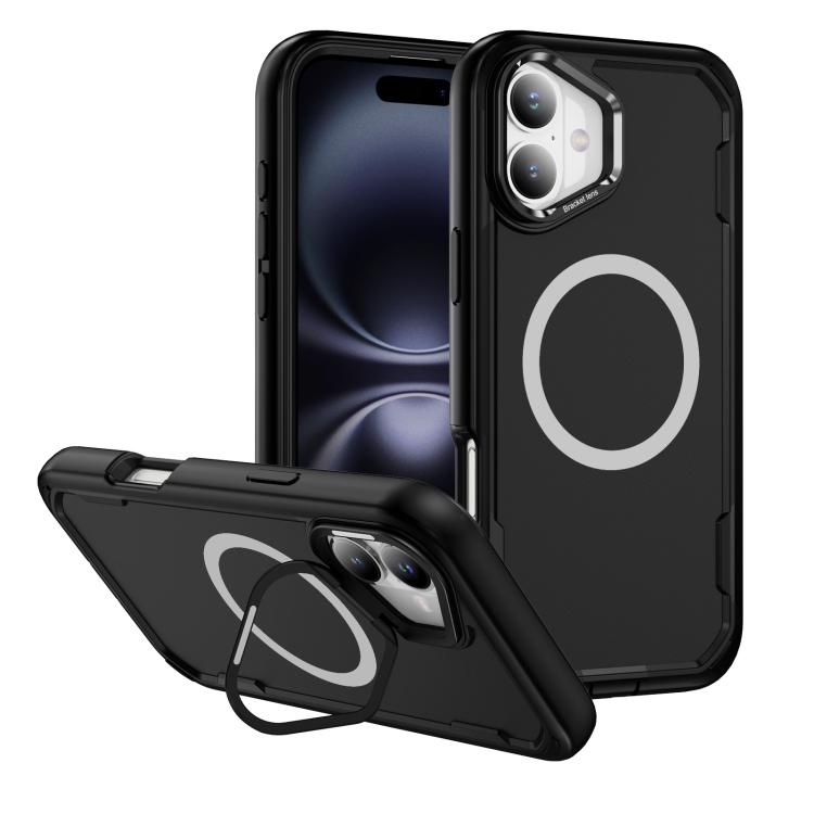 

For iPhone 16 Defend 3 in 1 Rugged MagSafe Magnetic Holder Phone Case(Black)
