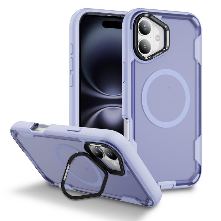 

For iPhone 16 Defend 3 in 1 Rugged MagSafe Magnetic Holder Phone Case(Light Purple + Transparent Purple)