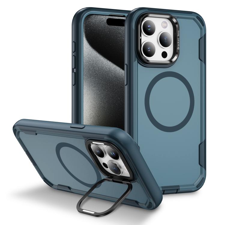 

For iPhone 15 Pro Max Defend 3 in 1 Rugged MagSafe Magnetic Holder Phone Case(Royal Blue + Blue)