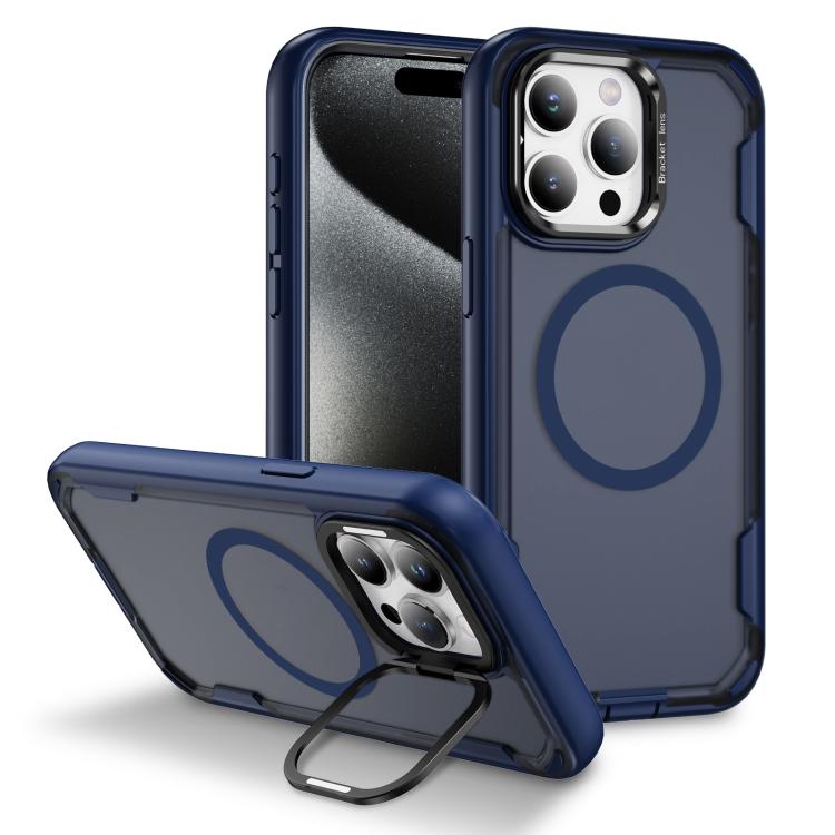 

For iPhone 15 Pro Max Defend 3 in 1 Rugged MagSafe Magnetic Holder Phone Case(Blue + Transparent Blue)