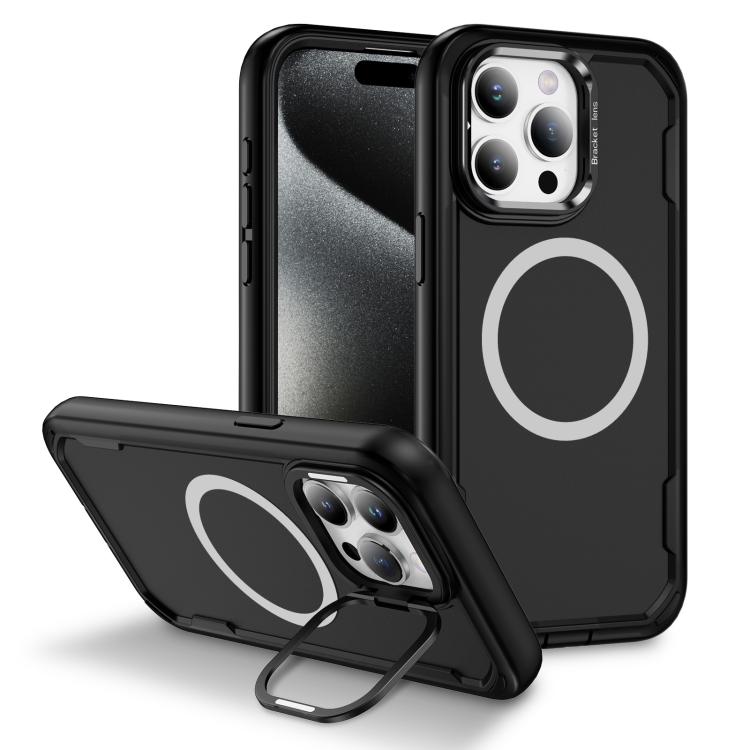 

For iPhone 15 Pro Defend 3 in 1 Rugged MagSafe Magnetic Holder Phone Case(Black)
