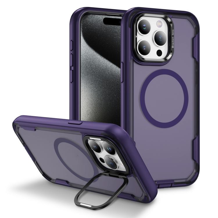 

For iPhone 15 Pro Defend 3 in 1 Rugged MagSafe Magnetic Holder Phone Case(Purple + Dark Purple)