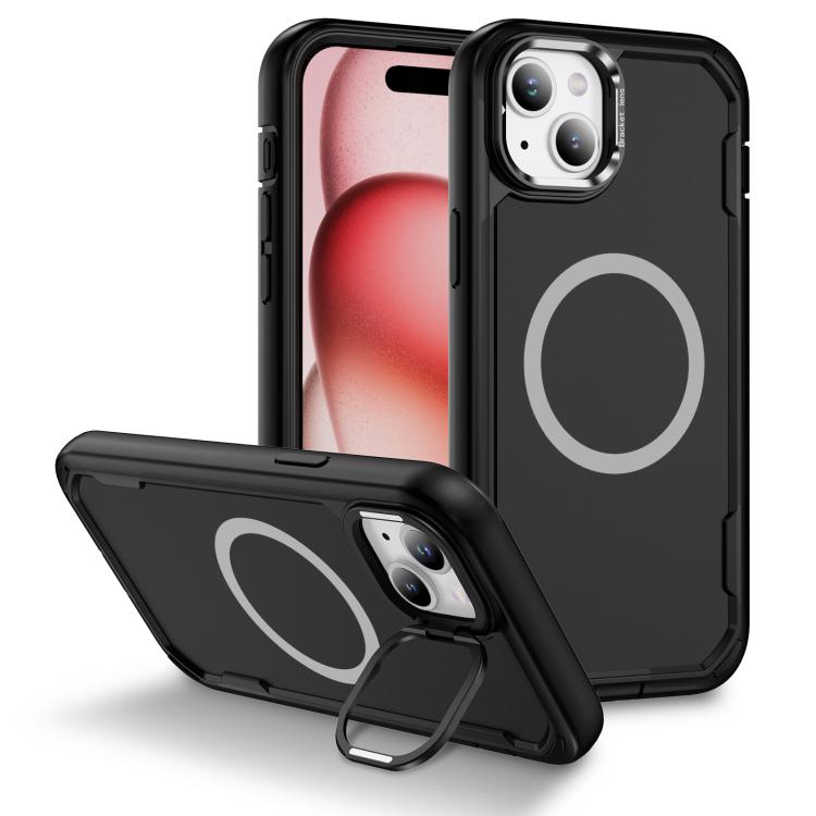 

For iPhone 15 Plus Defend 3 in 1 Rugged MagSafe Magnetic Holder Phone Case(Black)