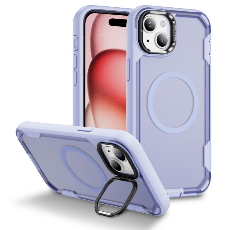 

For iPhone 15 Plus Defend 3 in 1 Rugged MagSafe Magnetic Holder Phone Case(Light Purple + Transparent Purple)