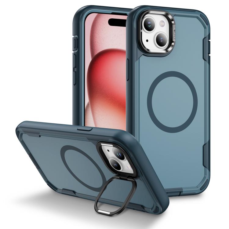 

For iPhone 15 Defend 3 in 1 Rugged MagSafe Magnetic Holder Phone Case(Royal Blue + Blue)