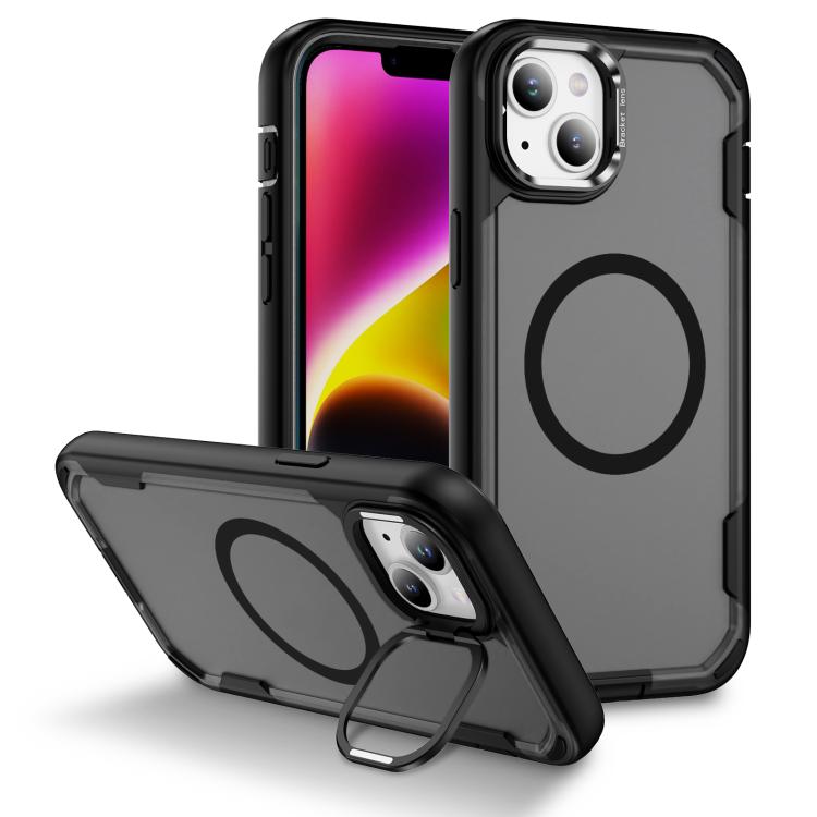 

For iPhone 14 Plus Defend 3 in 1 Rugged MagSafe Magnetic Holder Phone Case(Black + Transparent Grey)