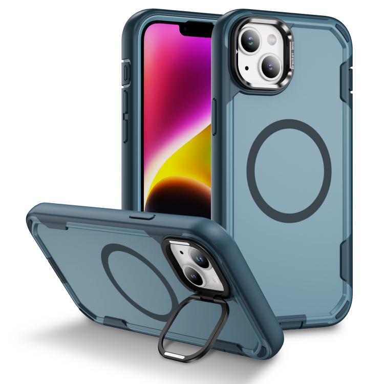 

For iPhone 14 Defend 3 in 1 Rugged MagSafe Magnetic Holder Phone Case(Royal Blue + Blue)