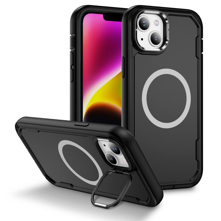 

For iPhone 14 Defend 3 in 1 Rugged MagSafe Magnetic Holder Phone Case(Black)