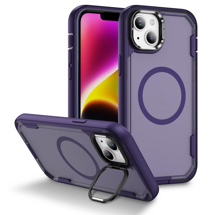 

For iPhone 14 Defend 3 in 1 Rugged MagSafe Magnetic Holder Phone Case(Purple + Dark Purple)