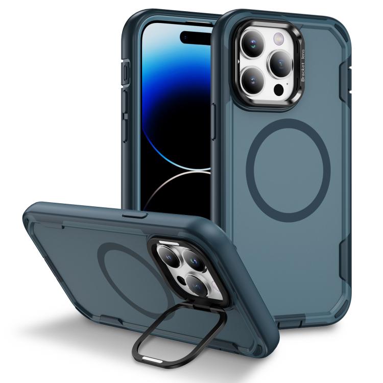 

For iPhone 14 Pro Defend 3 in 1 Rugged MagSafe Magnetic Holder Phone Case(Royal Blue + Blue)