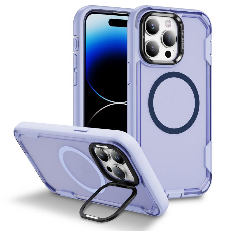 

For iPhone 14 Pro Defend 3 in 1 Rugged MagSafe Magnetic Holder Phone Case(Light Purple + Transparent Purple)