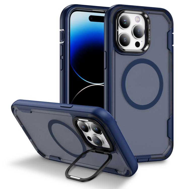 

For iPhone 14 Pro Max Defend 3 in 1 Rugged MagSafe Magnetic Holder Phone Case(Blue + Transparent Blue)