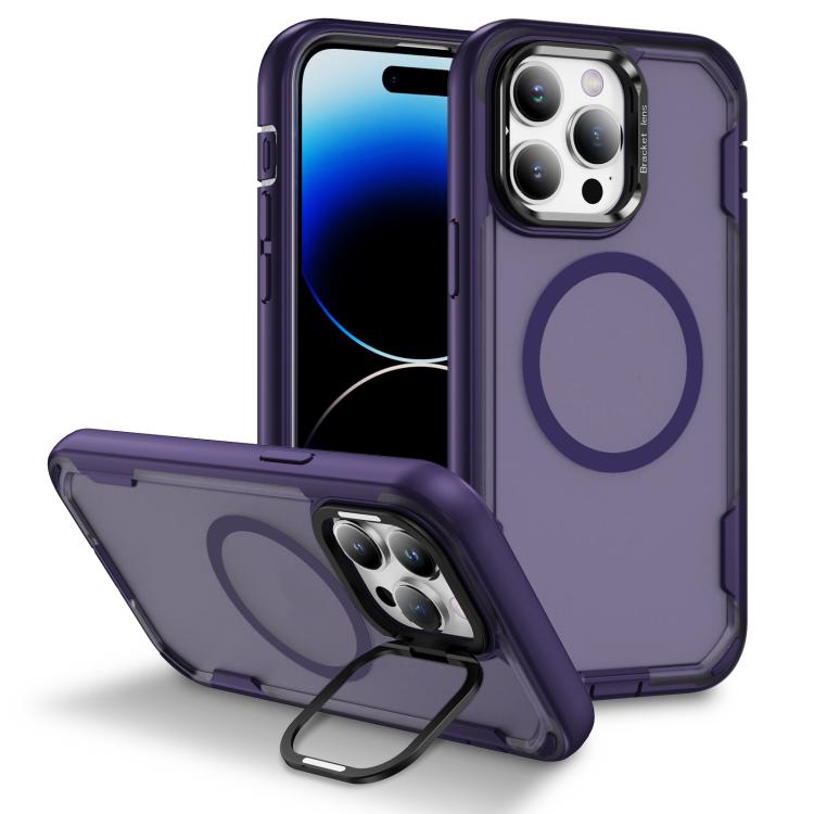 

For iPhone 14 Pro Max Defend 3 in 1 Rugged MagSafe Magnetic Holder Phone Case(Purple + Dark Purple)