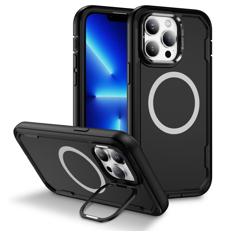 

For iPhone 13 Pro Defend 3 in 1 Rugged MagSafe Magnetic Holder Phone Case(Black)