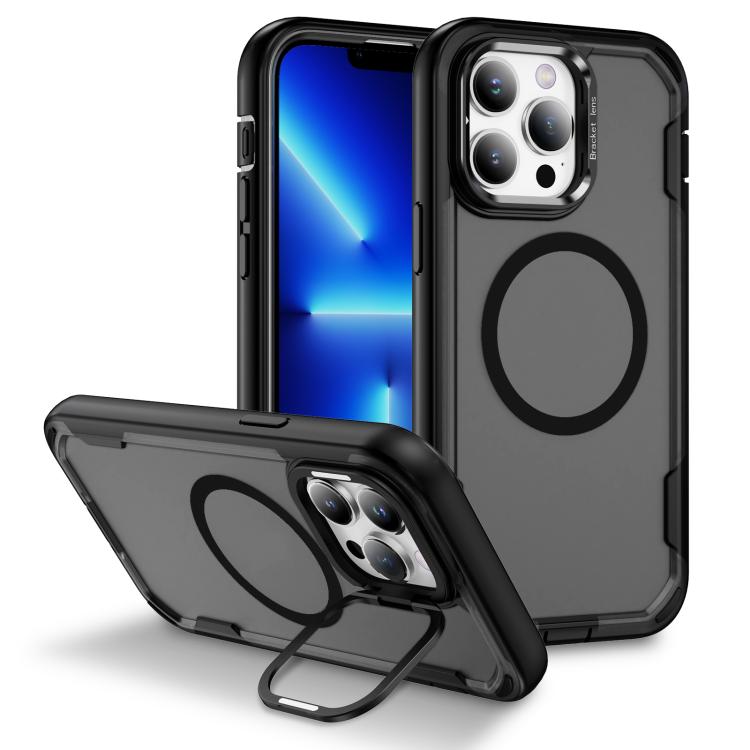 

For iPhone 13 Pro Defend 3 in 1 Rugged MagSafe Magnetic Holder Phone Case(Black + Transparent Grey)