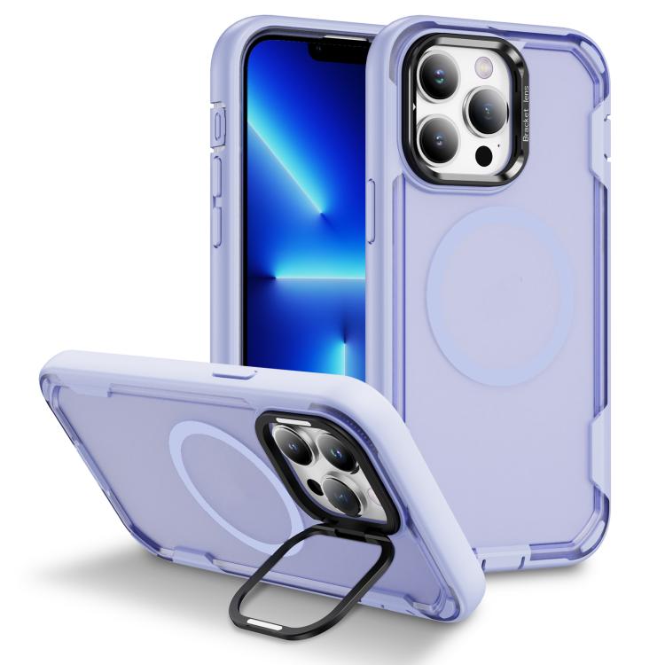 

For iPhone 13 Pro Defend 3 in 1 Rugged MagSafe Magnetic Holder Phone Case(Light Purple + Transparent Purple)
