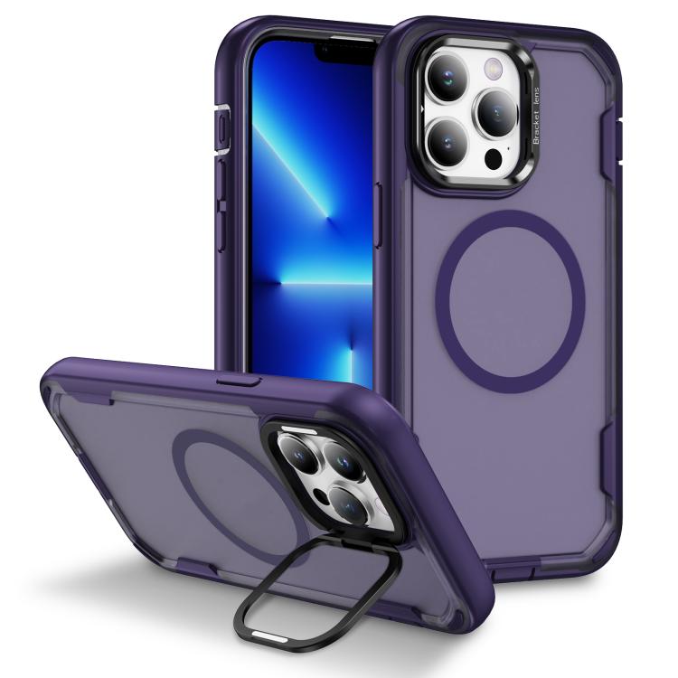 

For iPhone 13 Pro Defend 3 in 1 Rugged MagSafe Magnetic Holder Phone Case(Purple + Dark Purple)