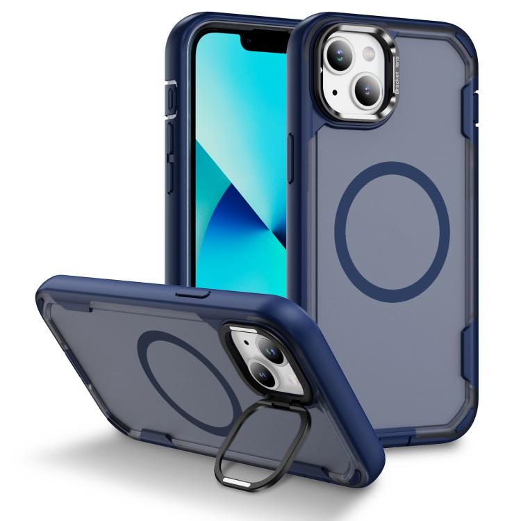 

For iPhone 13 Defend 3 in 1 Rugged MagSafe Magnetic Holder Phone Case(Blue + Transparent Blue)