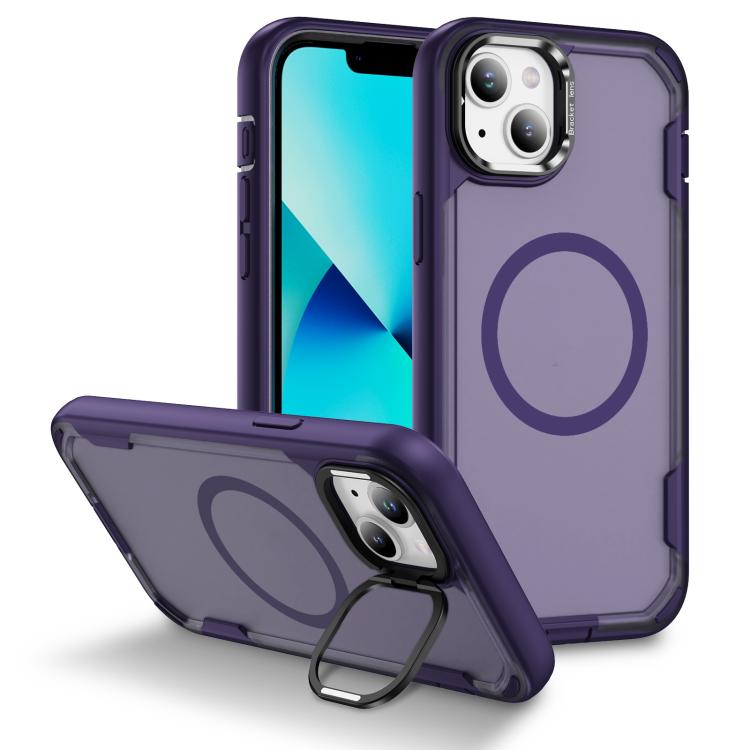 

For iPhone 13 Defend 3 in 1 Rugged MagSafe Magnetic Holder Phone Case(Purple + Dark Purple)