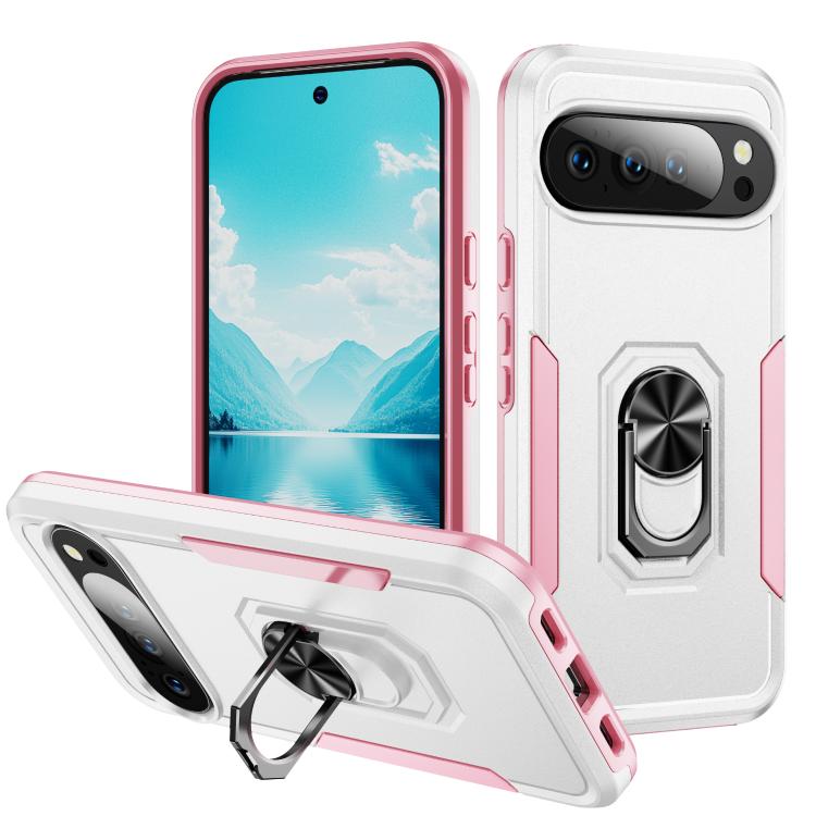 

For Google Pixel 10 Pro XL Pioneer Armor Heavy Duty PC + TPU Phone Case with Holder(White+Pink)