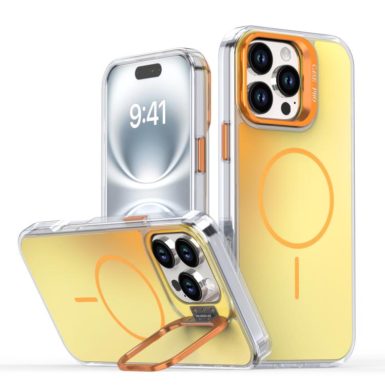 

For iPhone 16 Pro Max Gradient Discolor Lens Kickstand Magsafe Phone Case(Orange)