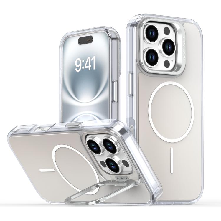 

For iPhone 16 Pro Gradient Discolor Lens Kickstand Magsafe Phone Case(White)