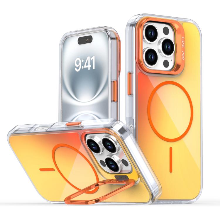 

For iPhone 16 Pro Gradient Discolor Lens Kickstand Magsafe Phone Case(Orange)