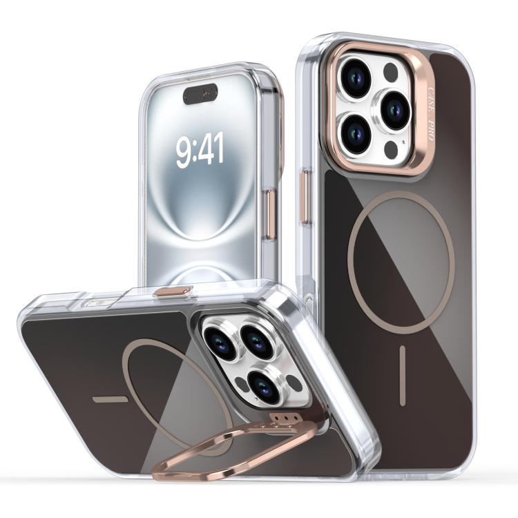 

For iPhone 16 Pro Gradient Discolor Lens Kickstand Magsafe Phone Case(Desert Gold)