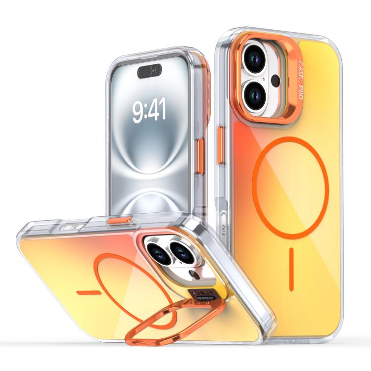 

For iPhone 16 Plus Gradient Discolor Lens Kickstand Magsafe Phone Case(Orange)