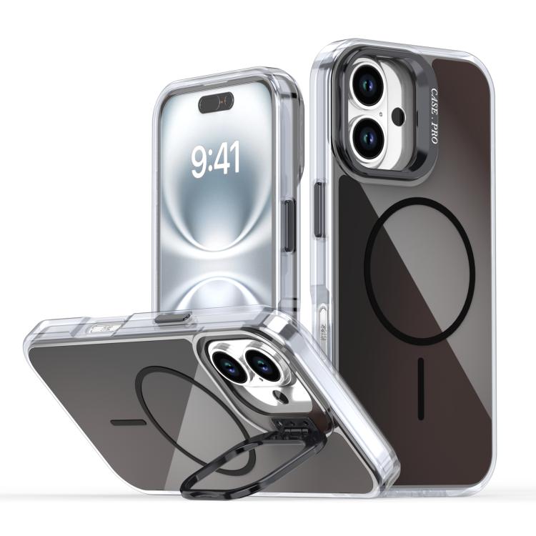 

For iPhone 16 Plus Gradient Discolor Lens Kickstand Magsafe Phone Case(Black)
