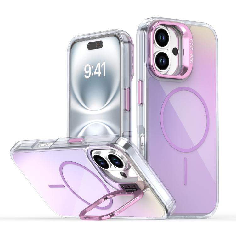 

For iPhone 16 Gradient Discolor Lens Kickstand Magsafe Phone Case(Purple)