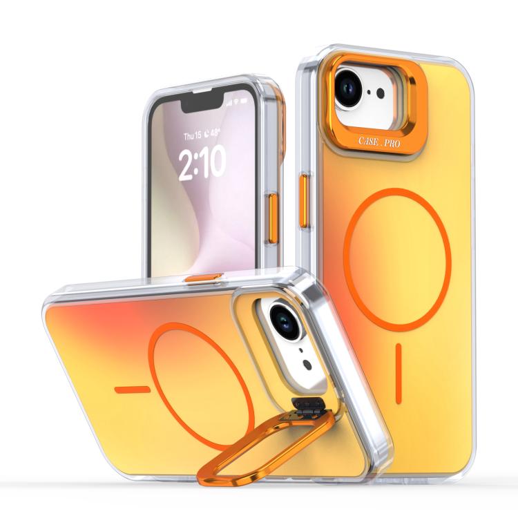 

For iPhone 16e Gradient Discolor Lens Kickstand Magsafe Phone Case(Orange)