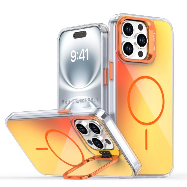 

For iPhone 15 Pro Max Gradient Discolor Lens Kickstand Magsafe Phone Case(Orange)