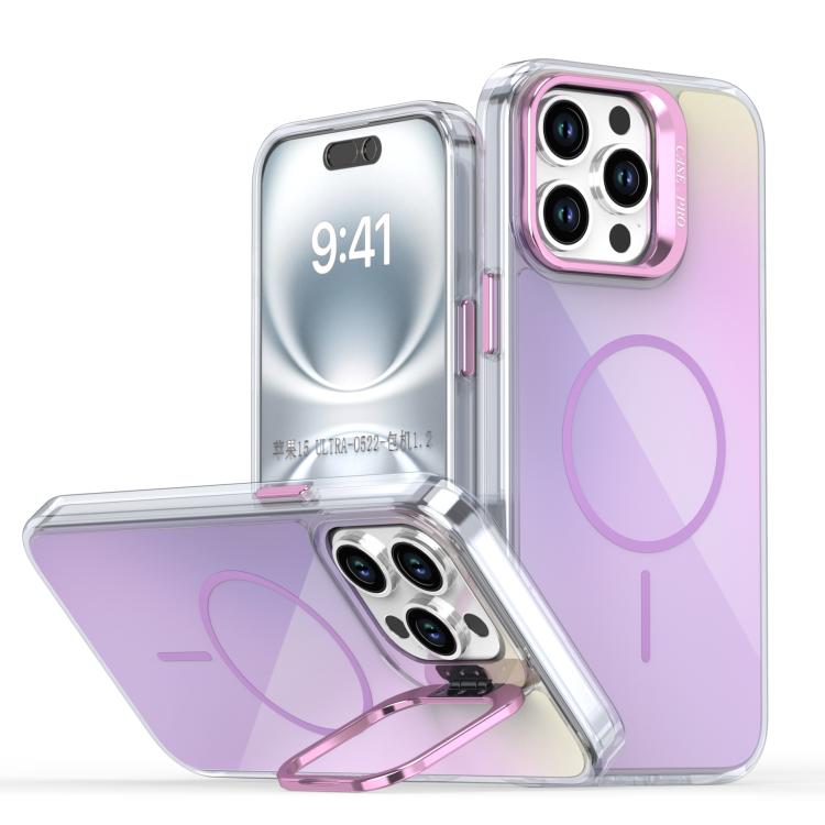 

For iPhone 15 Pro Max Gradient Discolor Lens Kickstand Magsafe Phone Case(Purple)