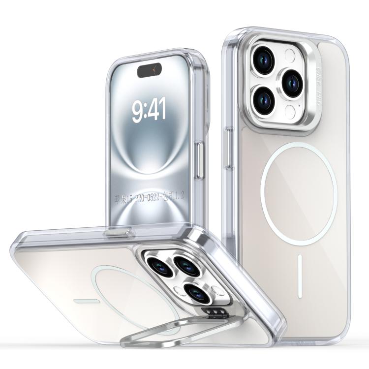 

For iPhone 15 Pro Gradient Discolor Lens Kickstand Magsafe Phone Case(White)