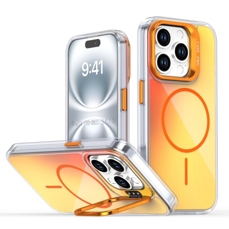 

For iPhone 15 Pro Gradient Discolor Lens Kickstand Magsafe Phone Case(Orange)
