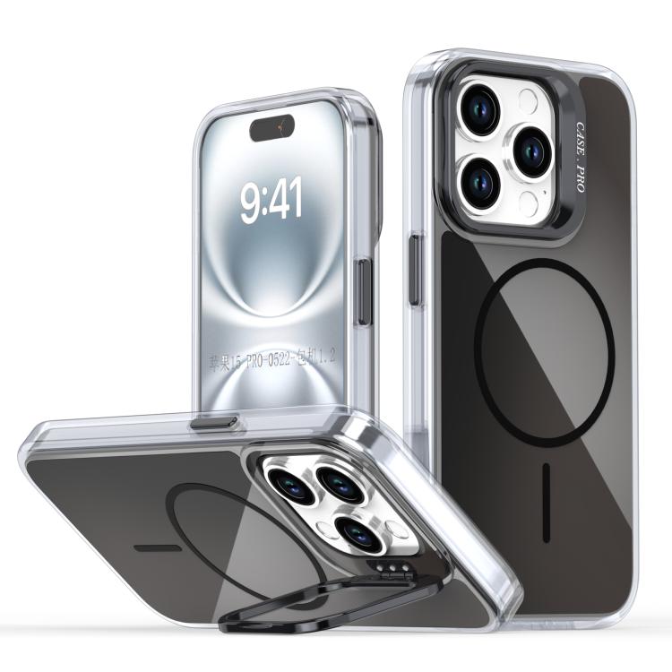

For iPhone 15 Pro Gradient Discolor Lens Kickstand Magsafe Phone Case(Black)